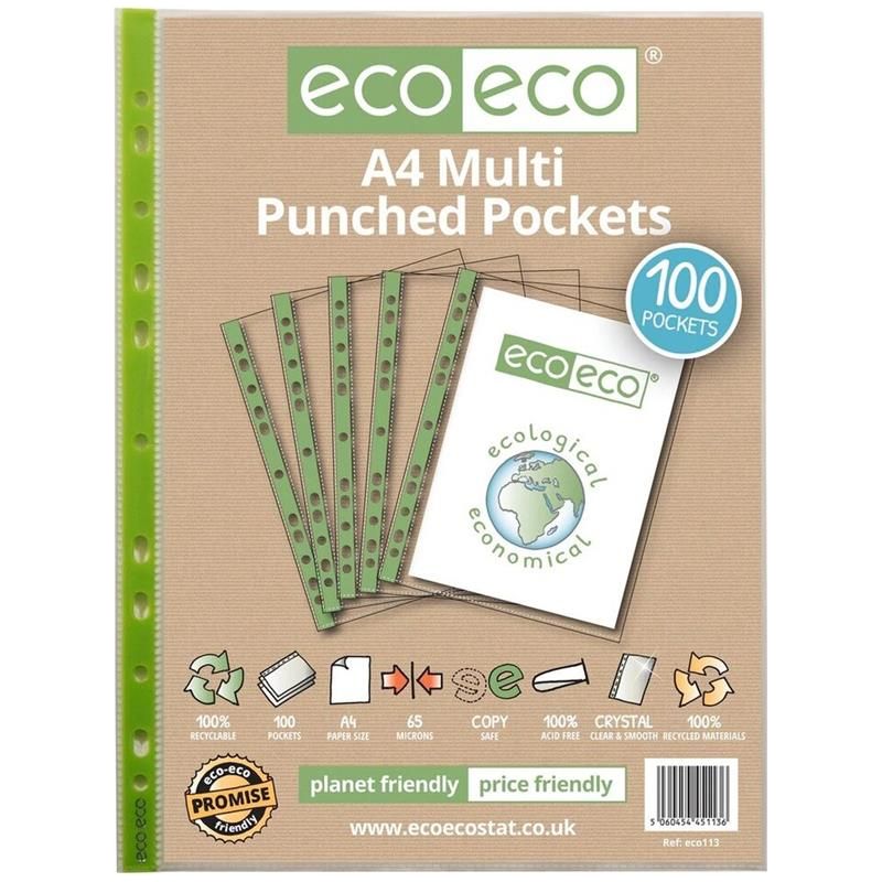 Eco-Eco A4 Multi Punched Pockets 100% Recycled Glass Clear, Home Office Pack 100