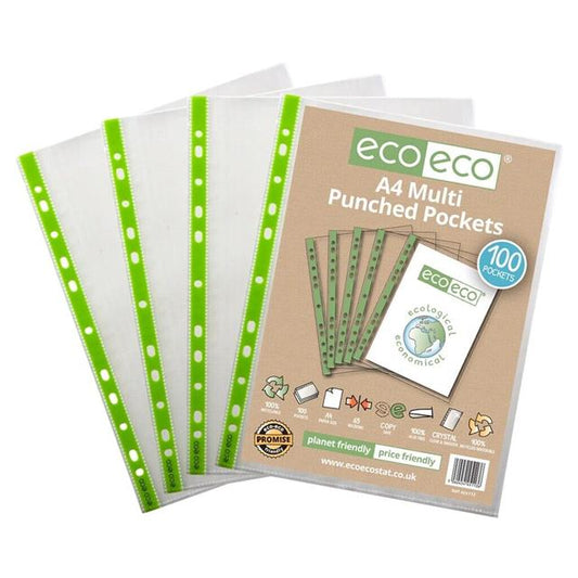 Eco-Eco A4 Multi Punched Pockets 100% Recycled Glass Clear, Home Office Pack 100