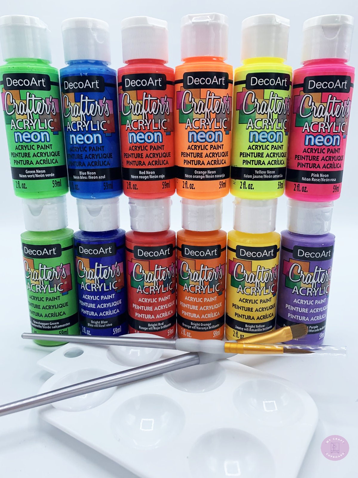 DecoArt Crafters Acrylic Paints Brights and Neon Colours Set 12 x 2oz Bottles