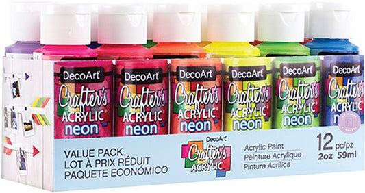 DecoArt Crafters Acrylic Paints Brights and Neon Colours Set 12 x 2oz Bottles