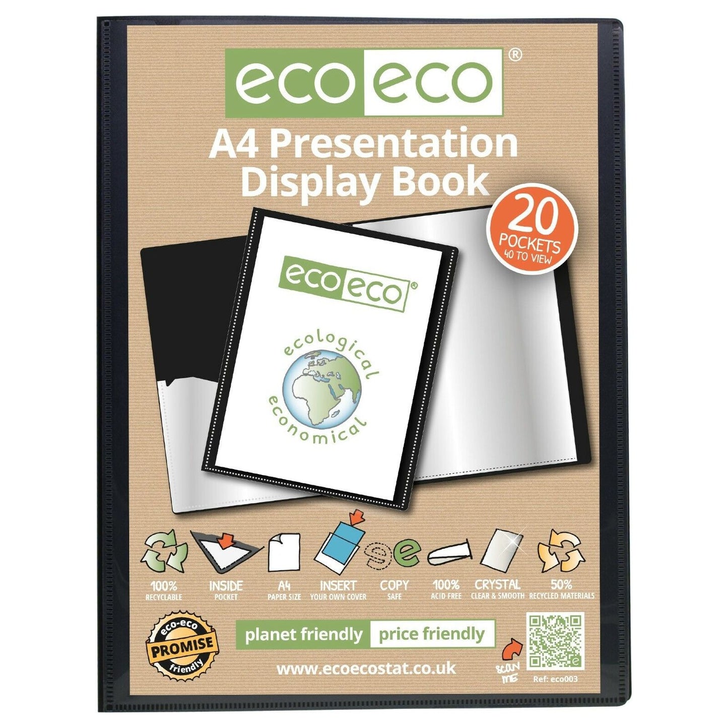 Eco-Eco A4 50% Recycled 20 Pocket Black Folder Presentation Display Book ECO003
