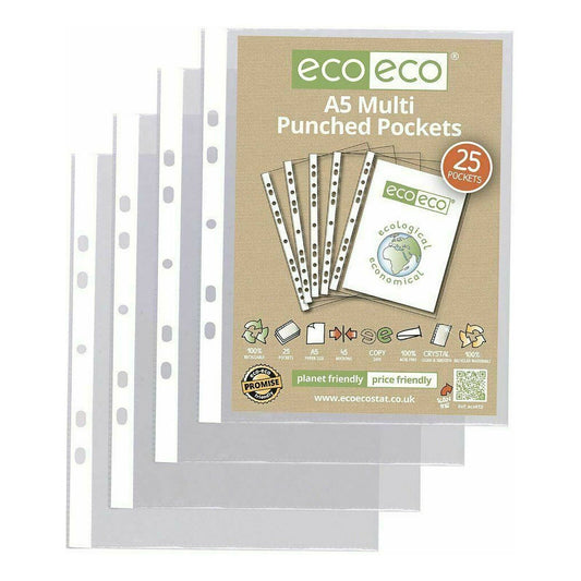 A5 Punched Pockets x 25 Glass Clear Punched Plastic Pockets 100% Recycled ECO012