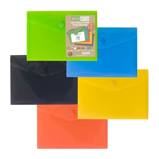 A6 50% Recycled Colour Press Stud Wallets Pack of 5 Eco ECO078