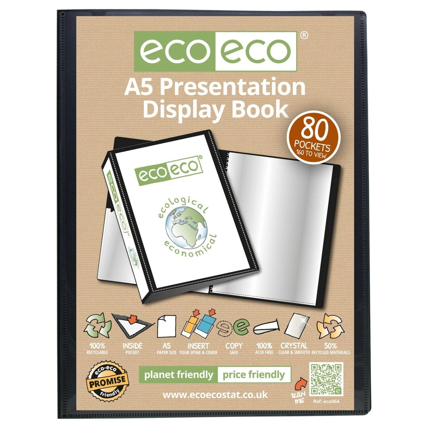 Eco-Eco A5 50% Recycled 80 Pocket Black Folder Presentation Display Book ECO064