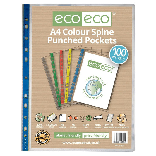 Eco-Eco A4 Coloured Spine Punched Pockets 100% Recycled  (Pack of 100) ECO093