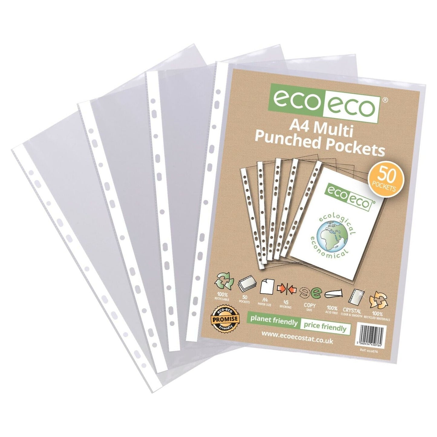 50 x Eco-Eco A4 100% Recycled Glass Clear Punched Plastic Pockets ECO076