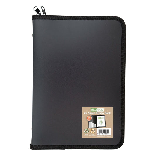 Eco-Eco A5 30 Pocket Zipped Presentation Display Book Black 50% Recycled ECO089