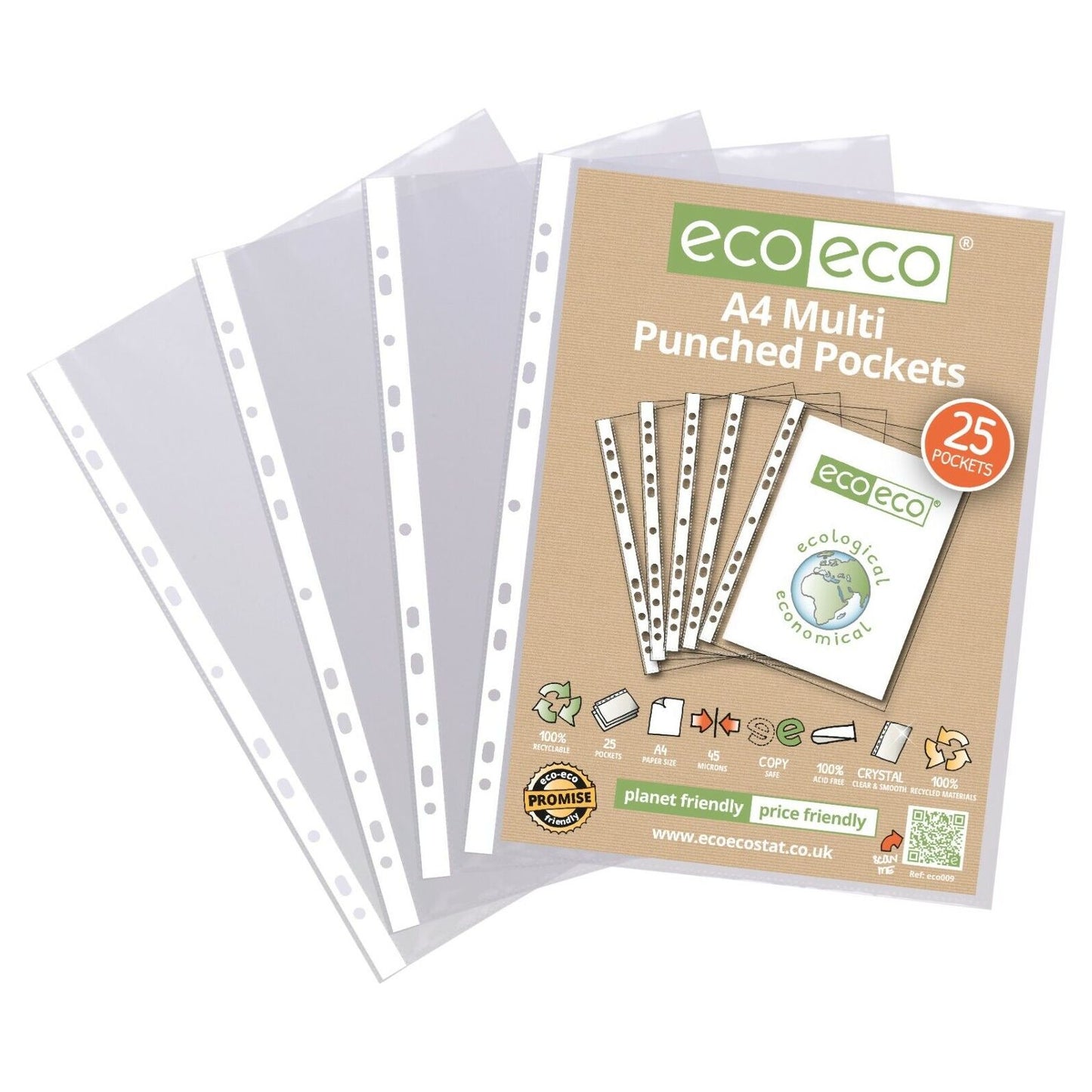 Eco-Eco A4 100% Recycled Smooth Glass Clear Punched Plastic Pockets x 25 ECO009