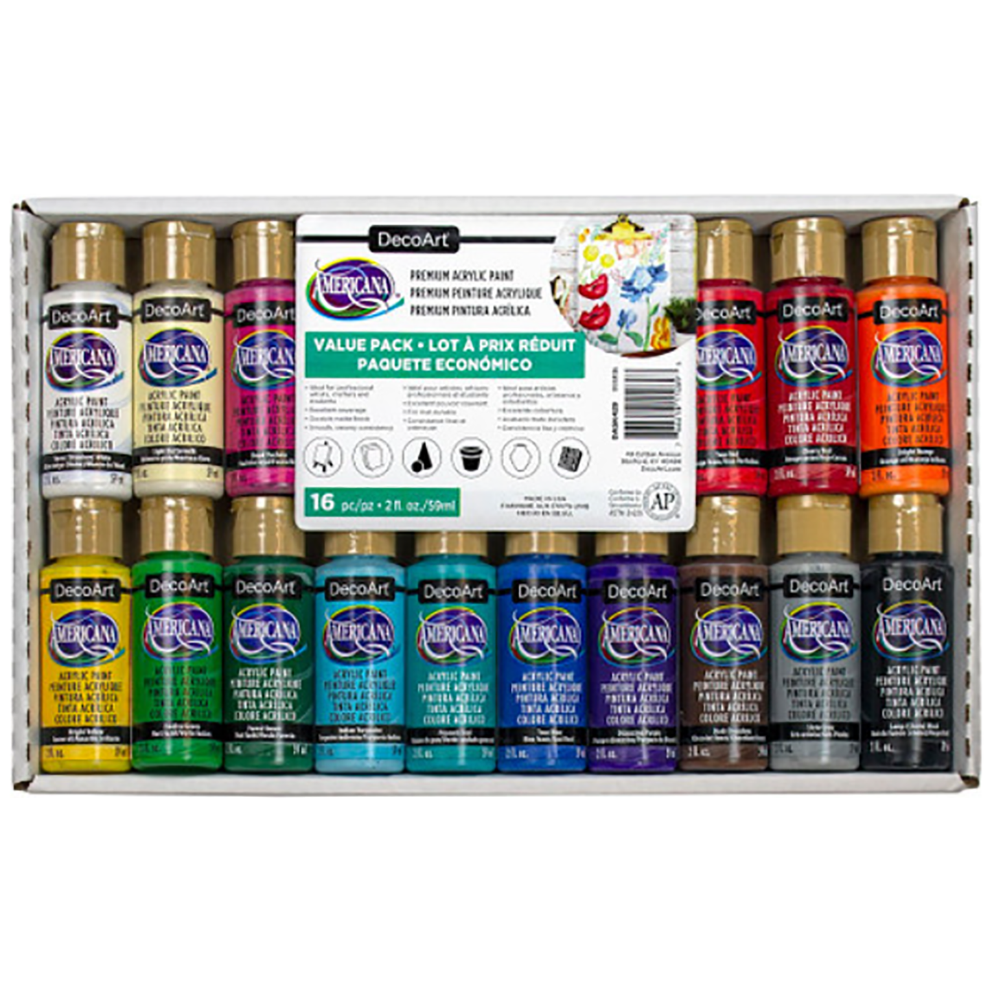 DecoArt Americana Primary Colours 16 Pack Popular Acrylic Paints 2oz Bottles