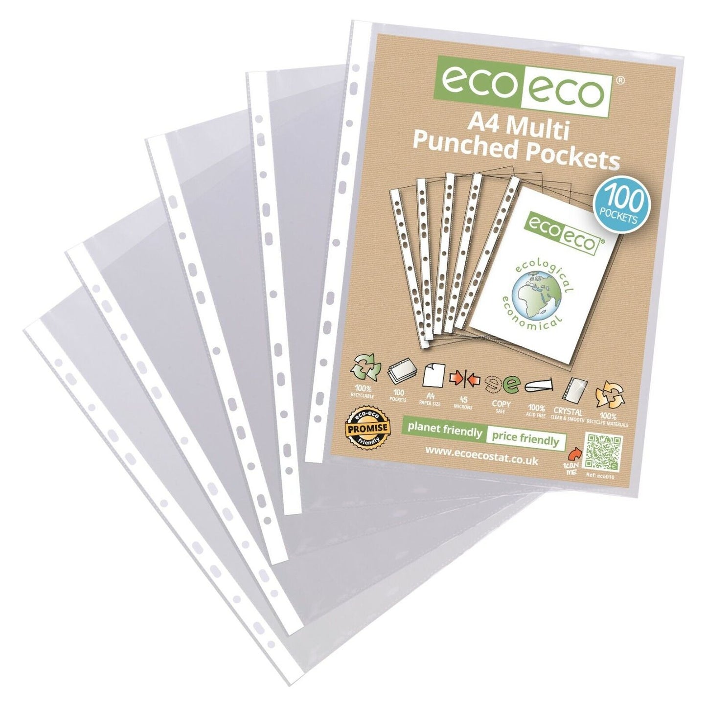 Eco-Eco 100% Recycled A4 Punched Pockets Transparent Glass Clear Sleeve - ECO010