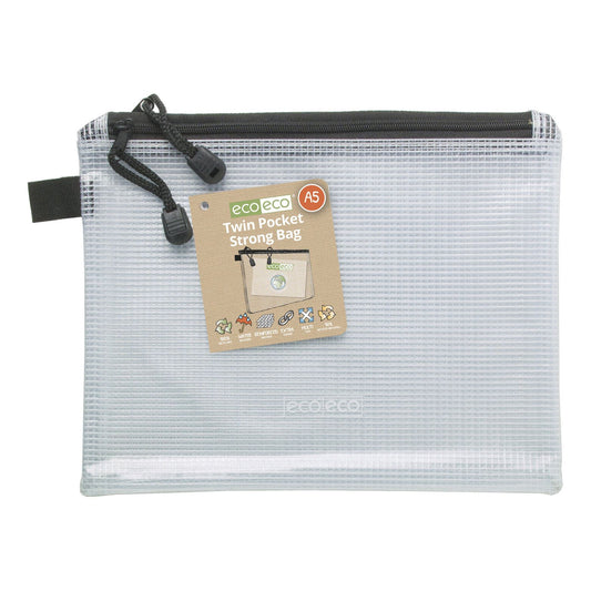 A5 Twin Pocket Zipped Strong Bag Clear Mesh Tuff Case 90% Recycled Eco-Eco061