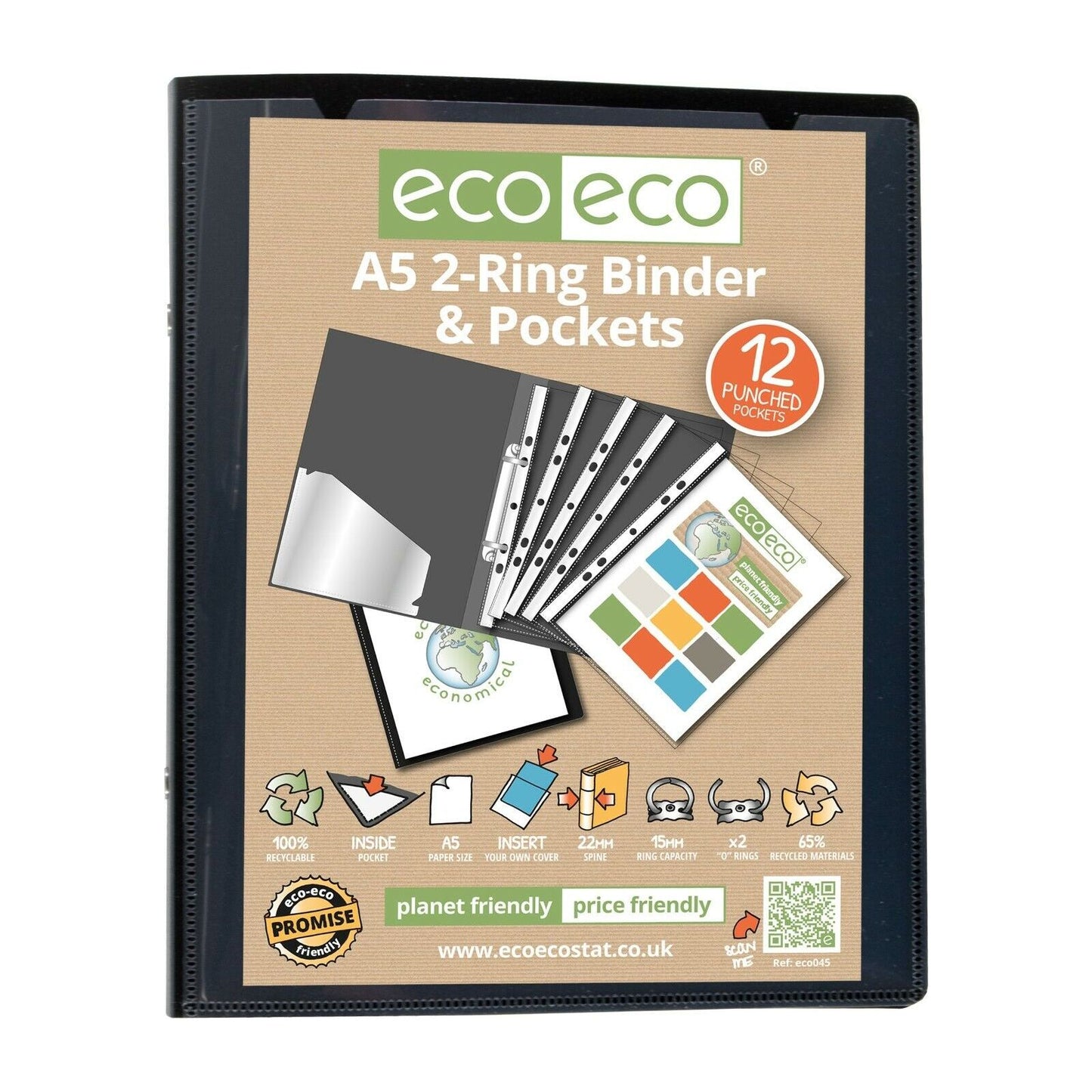 Eco-Eco A5 65% Recycled Strong Presentation Ring Binder + 12 Clear Pockets 045