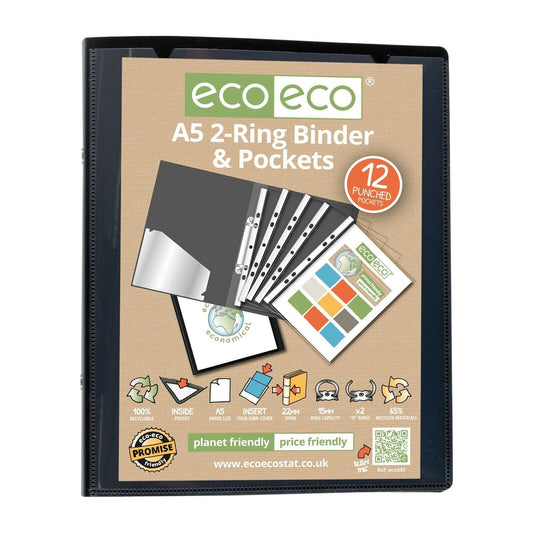 Eco-Eco A5 65% Recycled Strong Presentation Ring Binder + 12 Clear Pockets 045