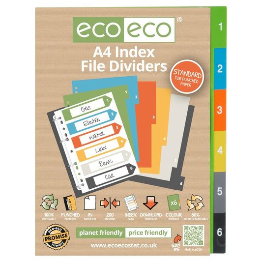 EcoEco A4 File Dividers For Ring Binders 1-6 Index - 50% Recycled Plastic ECO026