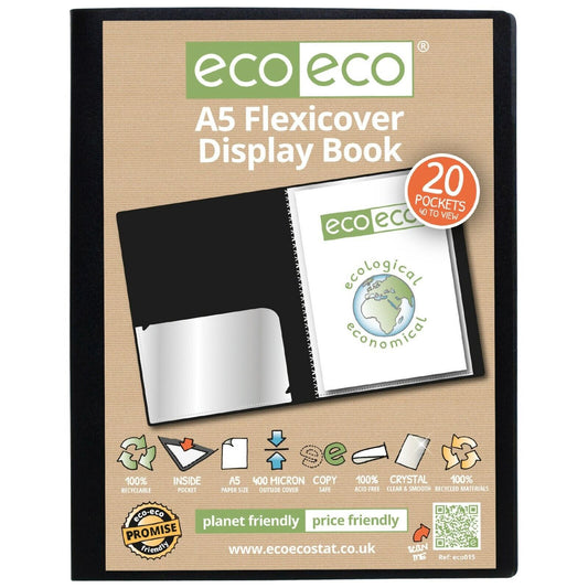 Eco-Eco A5 100% Recycled Display Book 20 Pages Pocket Black Flexicover ECO015