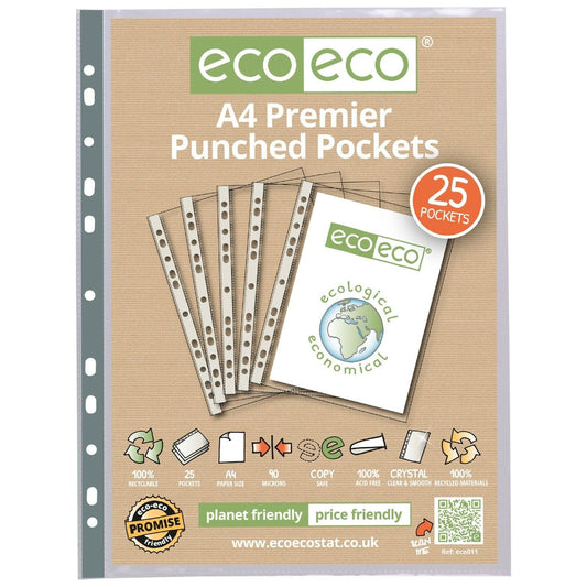 Eco-Eco A4 100% Recycled Glass Clear Premier Punched Plastic Pockets x 25 ECO011