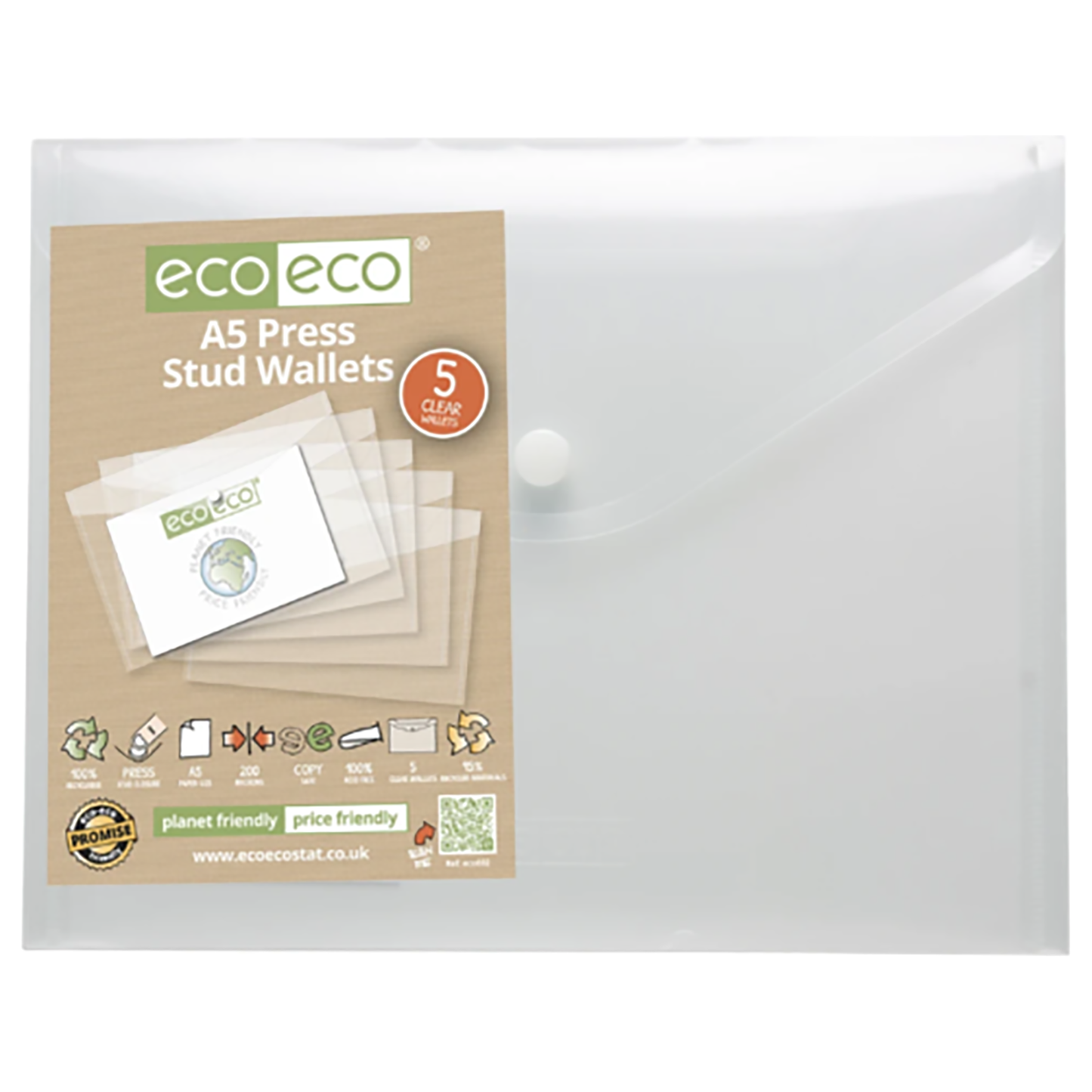 Eco Eco A5 Press Stud Wallets Files Folders 95% Recycled Plastic Pack 5 ECO032