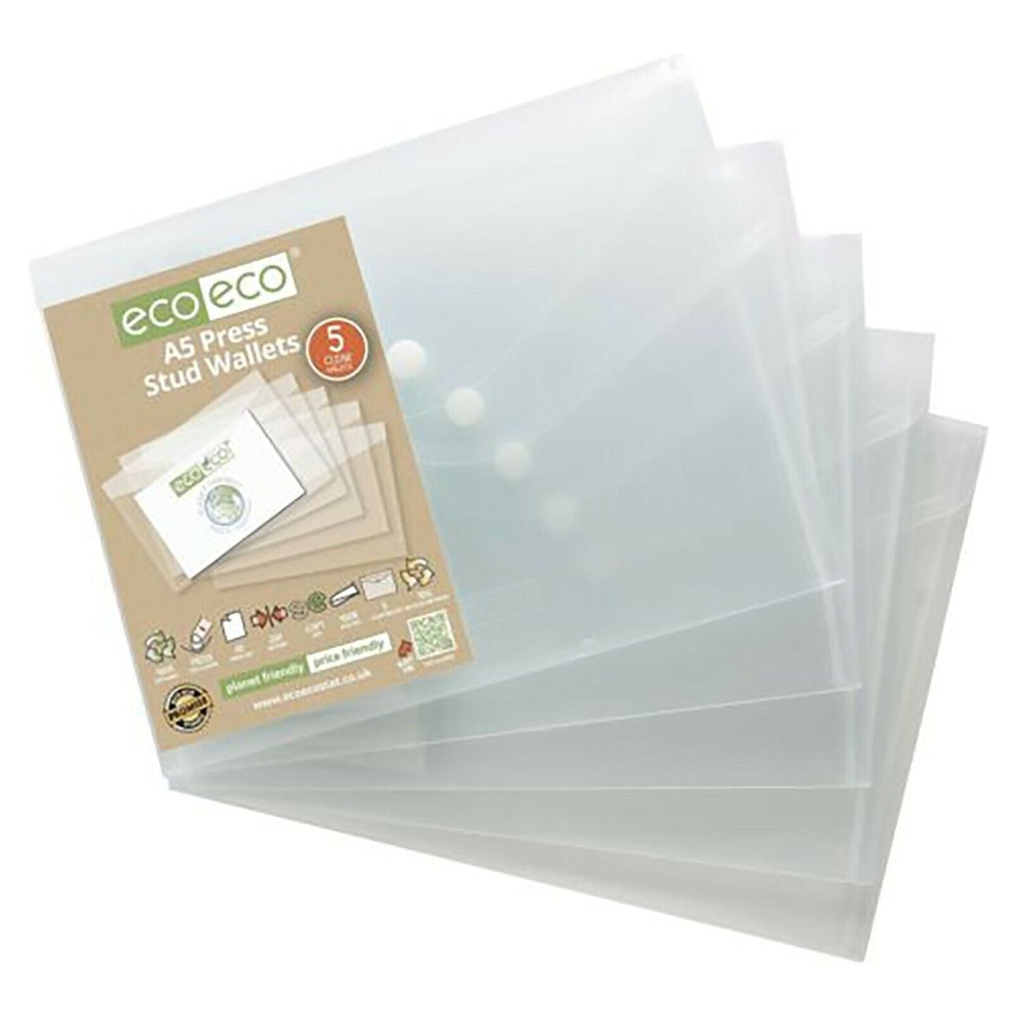 Eco Eco A5 Press Stud Wallets Files Folders 95% Recycled Plastic Pack 5 ECO032