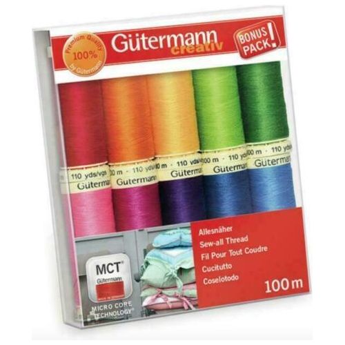 Gutermann Sew-All Threads - Multicoloured Pack of 10 x 100m Reels - The Brights