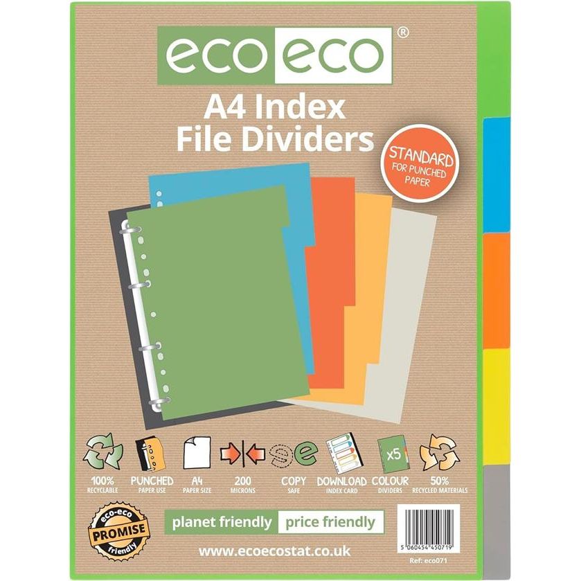 Eco Eco A4 File Dividers 5 Part Index Plastic Colour Tabs 50% Recycled Eco071