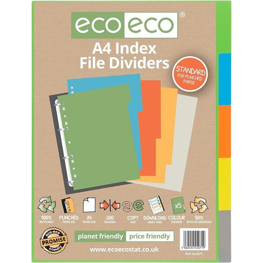 Eco Eco A4 File Dividers 5 Part Index Plastic Colour Tabs 50% Recycled Eco071