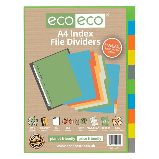 A4 Coloured 10 Part Plastic Multi Hole Punched Index File Dividers ECO073