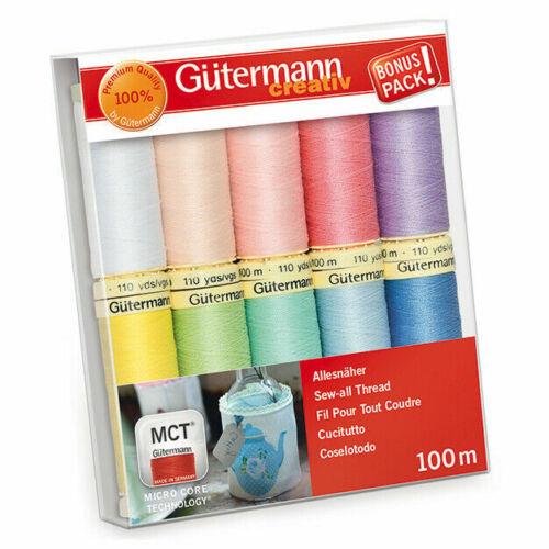 Gutermann Sew-All Threads - Multicoloured Pack of 10 x 100m Reels - The Pastels
